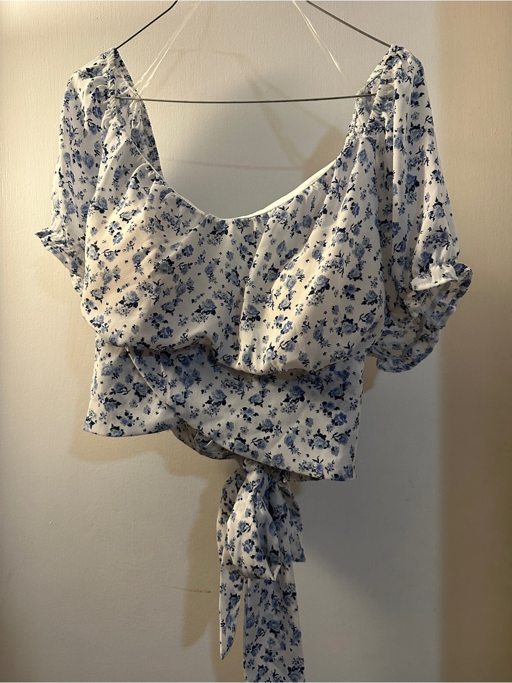 Women’s White and Blue Floral Tie-Front Blouse by Rue + 2X